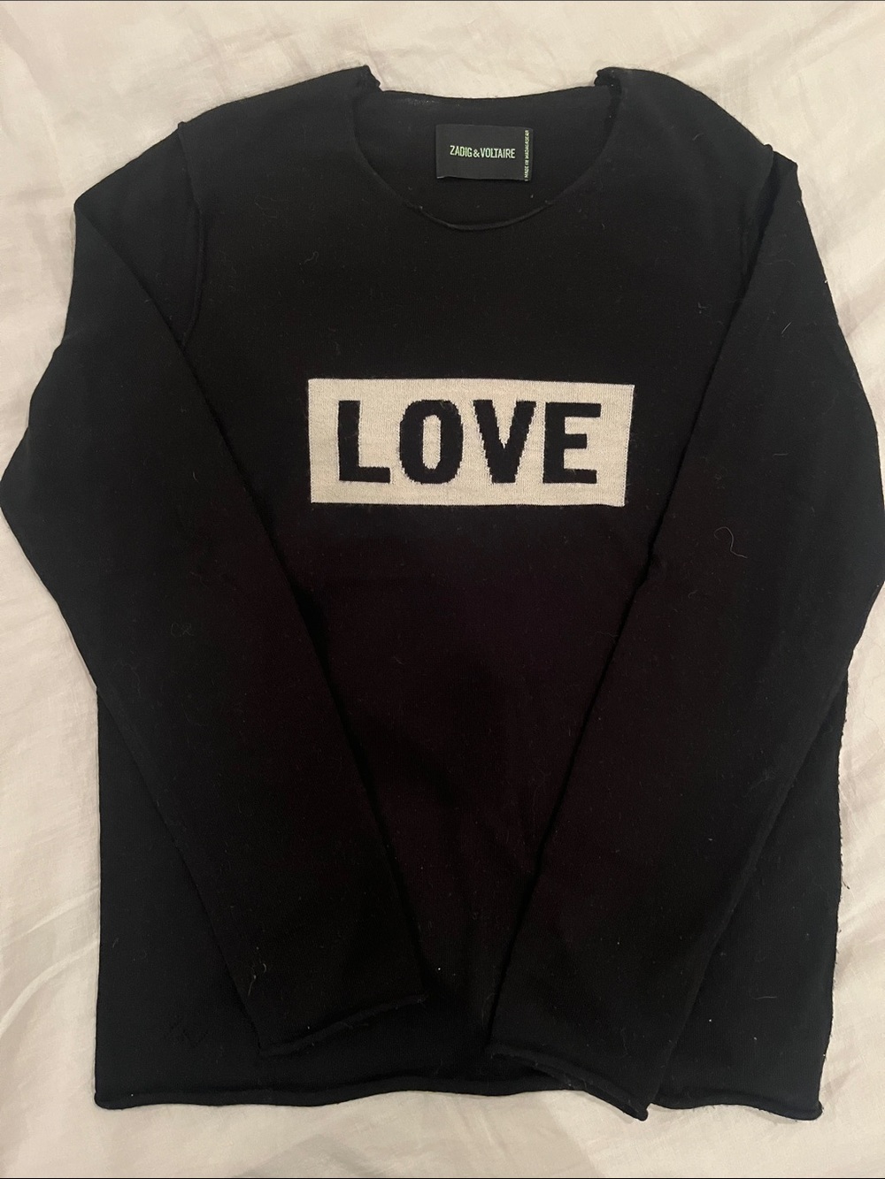 Zadig & Voltaire 100% Wool Black Crewneck Sweater with White LOVE Logo